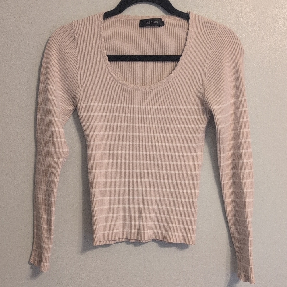 Zessica Pink Striped Scoop Neck Ribbed Sweater